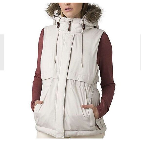 PRANA Puffer Vest Women Medium Banajaara NEW Down Filled Hooded Full Zip Ivory - Picture 1 of 16